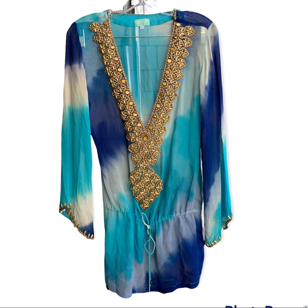 BEAUTIFUL BLUE SUMMER COVERUP WITH GOLD EMBELLISHMENTS
